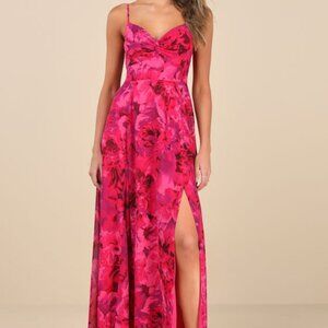 Lulus Beautiful Soul Fuchsia Floral Print Twist-front Maxi Dress Pink - Size M